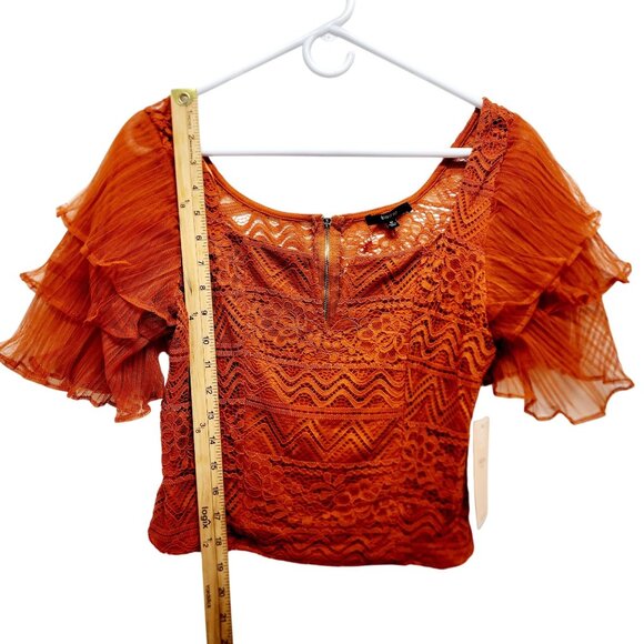 Rust Orange Lace & Sheer Ruffle Sleeve Crop Top By Blåshe Size M - Picture 5 of 10